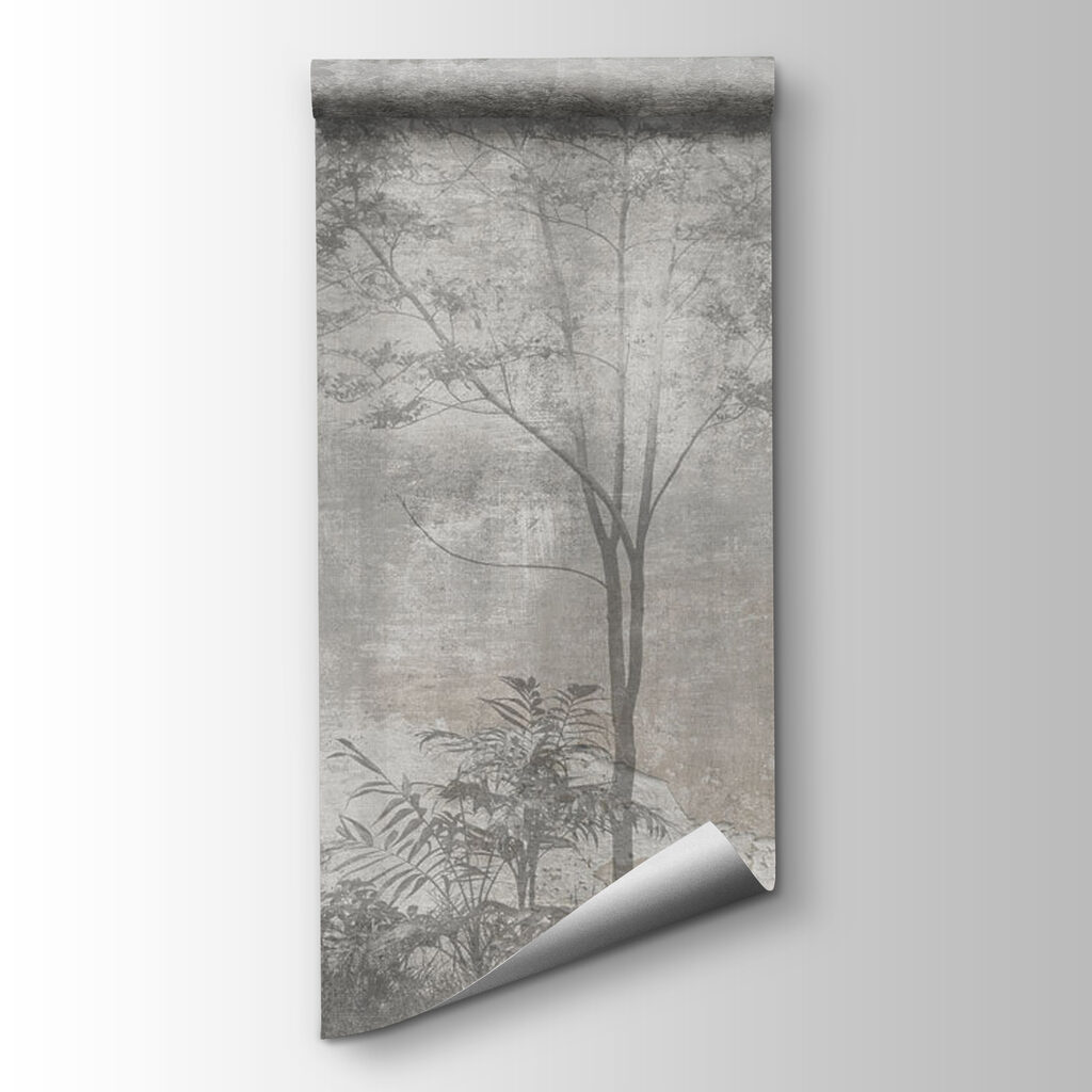 A grey and white photo of trees