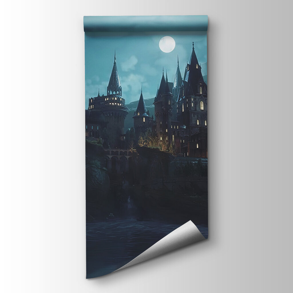 Castle on a hill with a moon in the sky