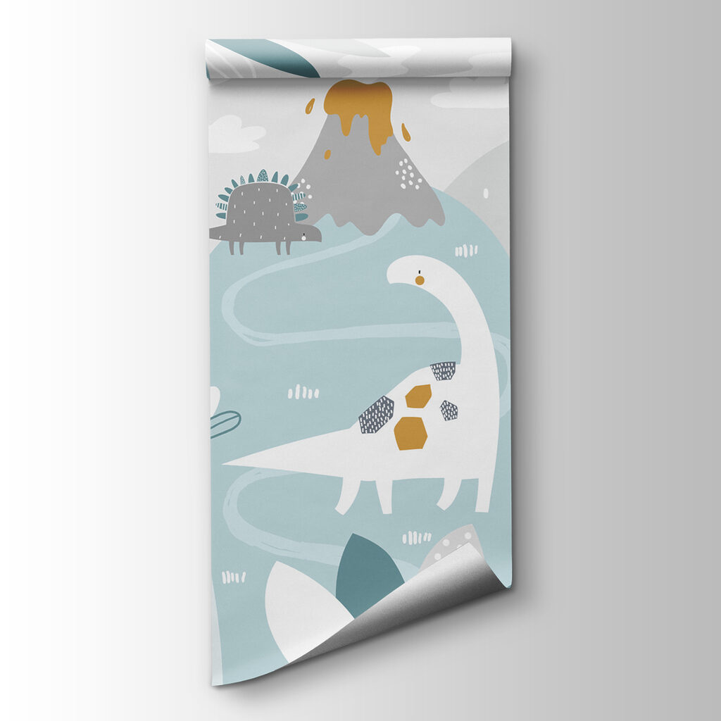 A cartoon dinosaur with a volcano and plants