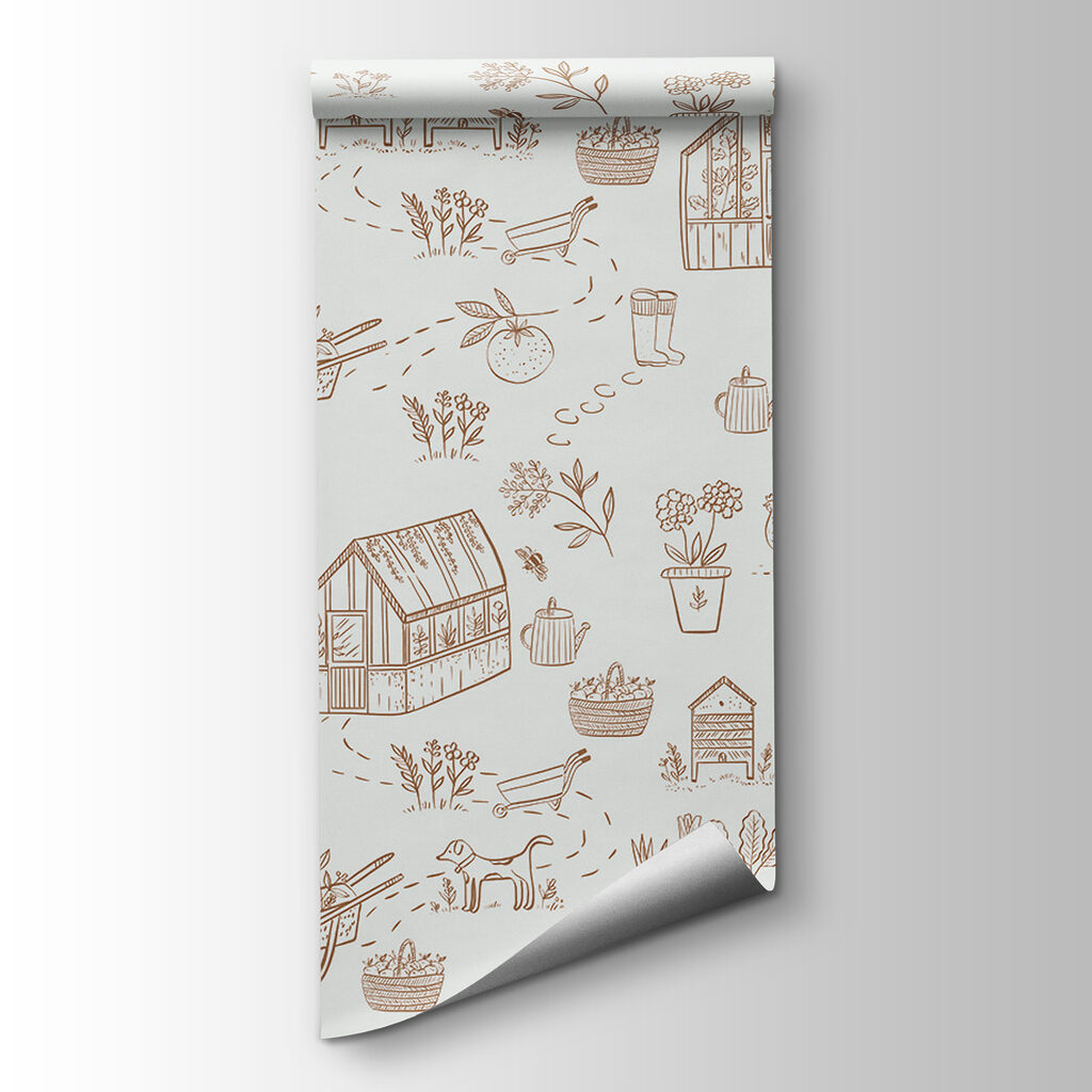 A pattern of gardening tools and plants