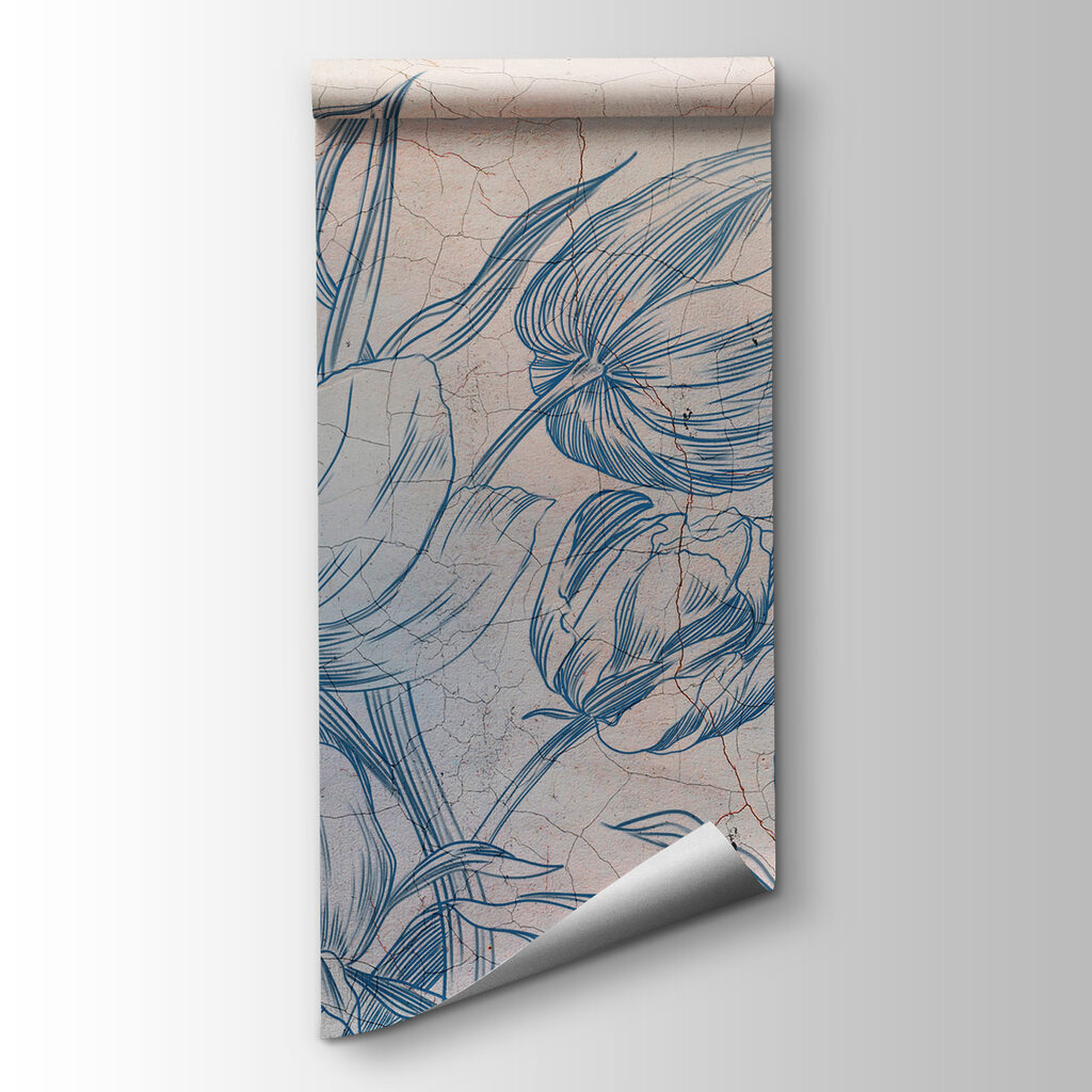 A drawing of flowers on a cracked wall