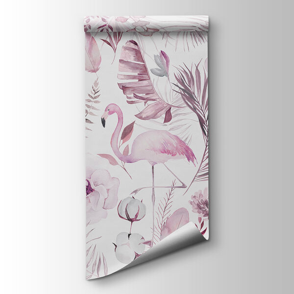 A pattern of flowers and flamingos