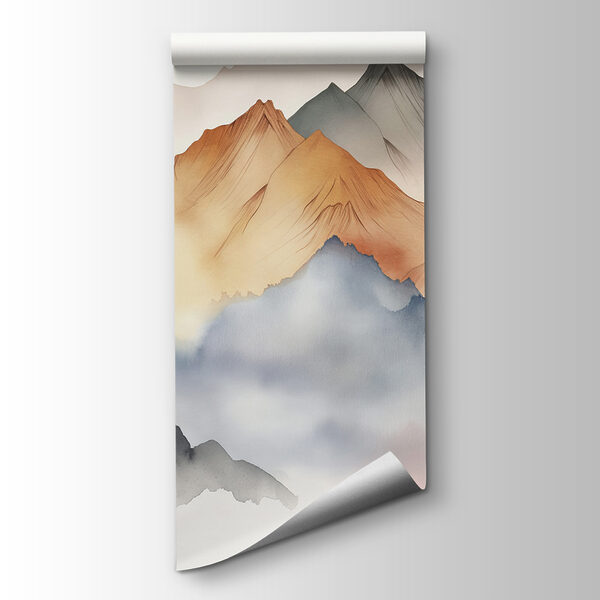 A painting of mountains in the fog A painting of mountains in the fog