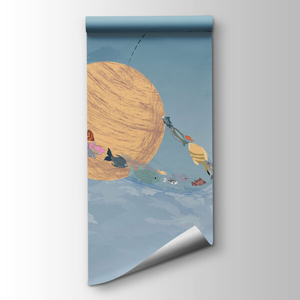 Cartoon of a man fishing in a boat in the sky