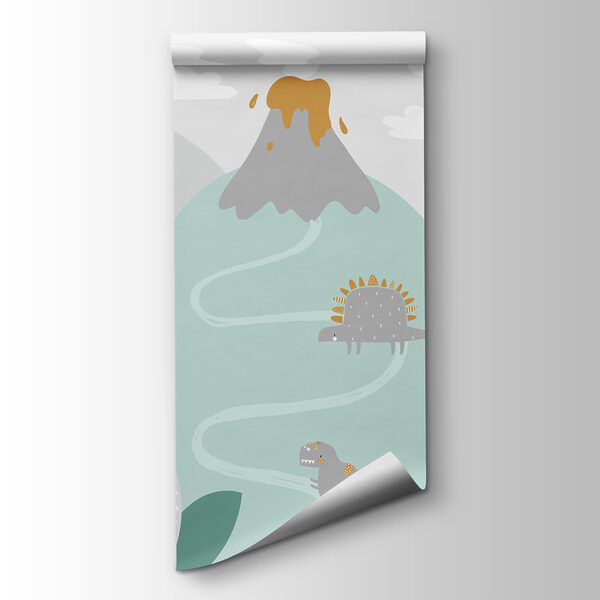 A cartoon dinosaur with a volcano and plants