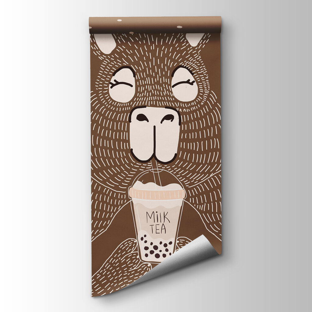 Cartoon animal holding a cup of milk tea