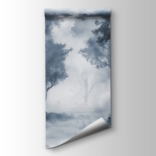 A foggy forest with trees and bushes A foggy forest with trees and bushes