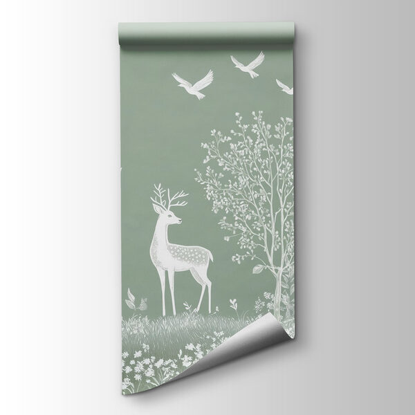 White deer and birds in a field White deer and birds in a field