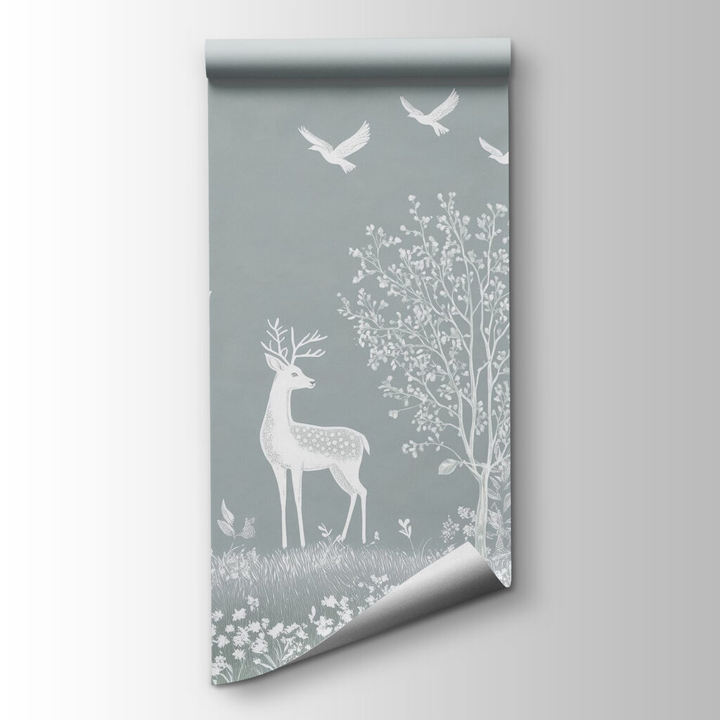 White deer and birds in a forest