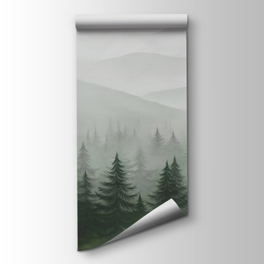 Foggy landscape with trees and mountains