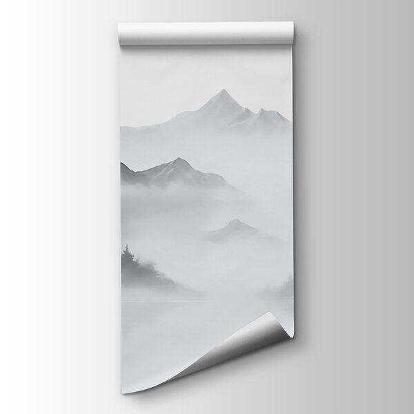 Foggy mountain landscape with trees and mountains