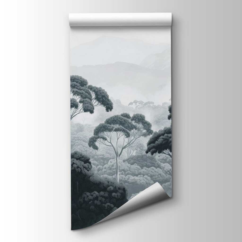 Forest with trees and mountains in the background