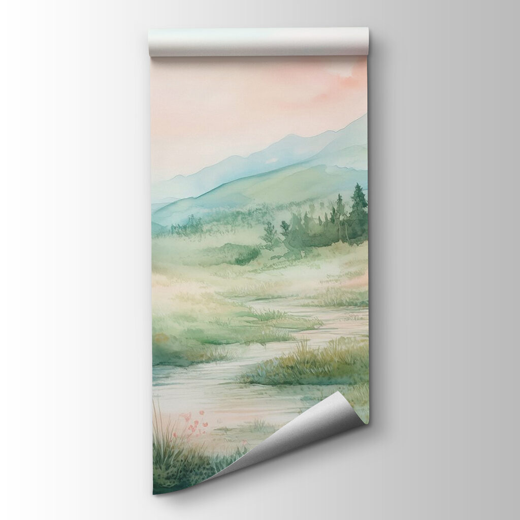 Watercolor painting of a river running through a valley Watercolor painting of a river running through a valley