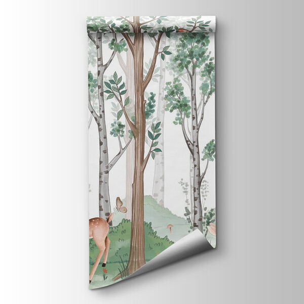 Wallpaper with a forest of trees and animals Wallpaper with a forest of trees and animals