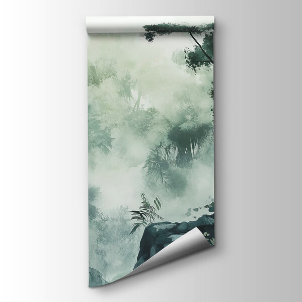 Foggy forest with trees and rocks Foggy forest with trees and rocks