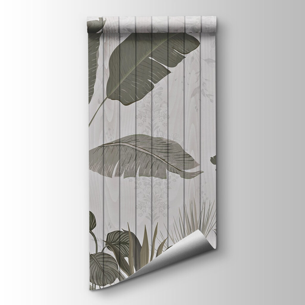 Wallpaper with leaves and plants on it