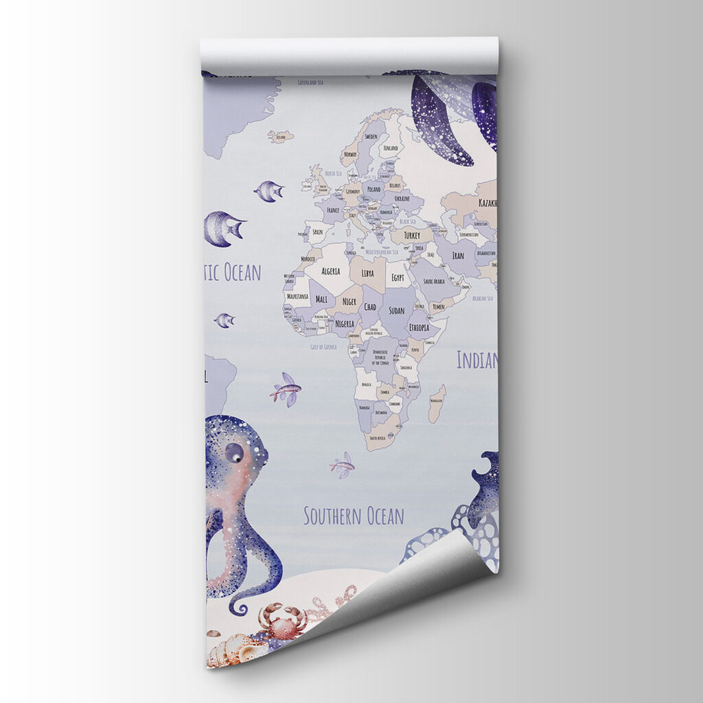 Map of the world with sea animals