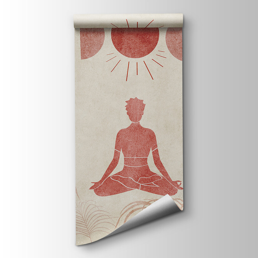 Person sitting in a lotus position with a sun and palm trees