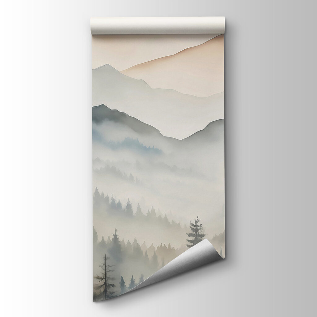 Landscape of mountains with trees and fog