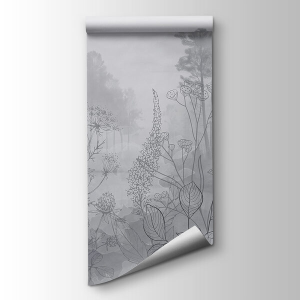 Greyscale image of a forest with birds flying