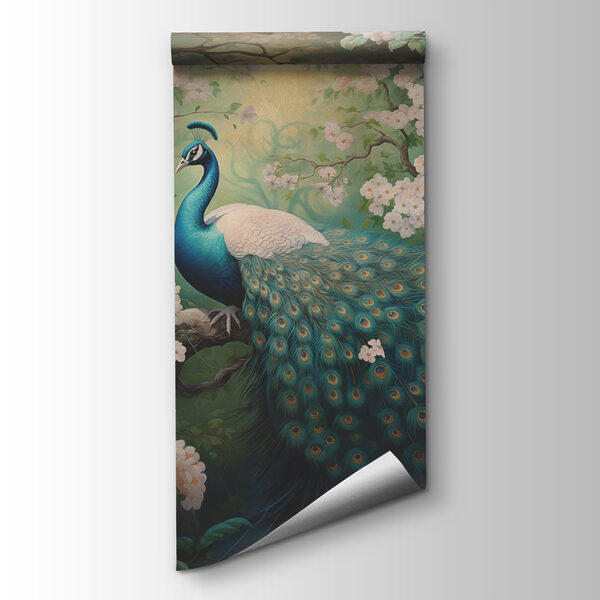 Painting of a peacock on a tree branch