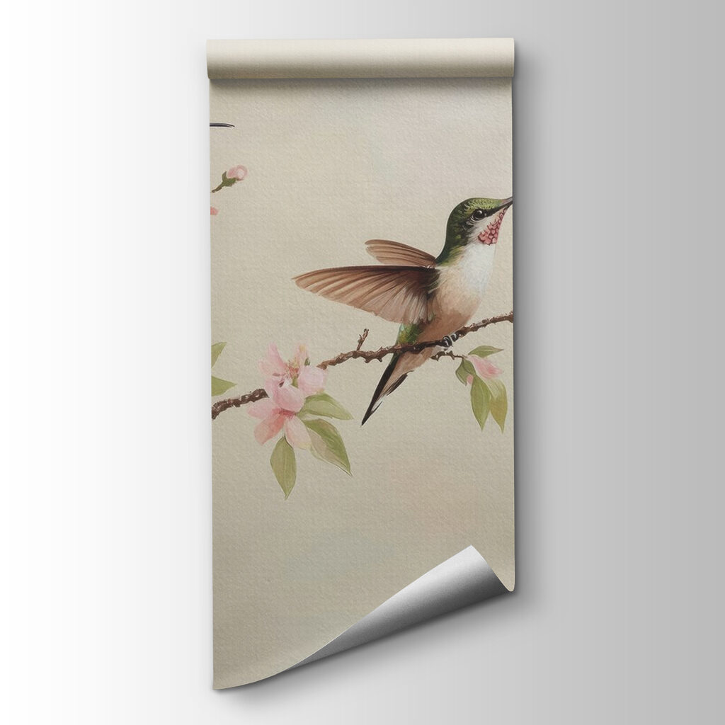 Painting of hummingbirds on a branch with flowers Painting of hummingbirds on a branch with flowers