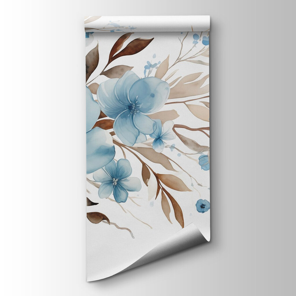 Painting of blue flowers and brown leaves