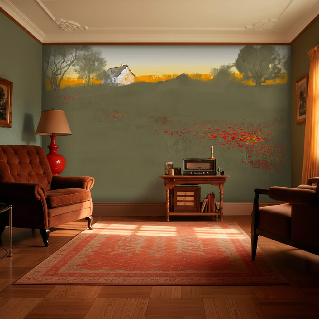 Vörös virágok mezeje háttérben egy házzal