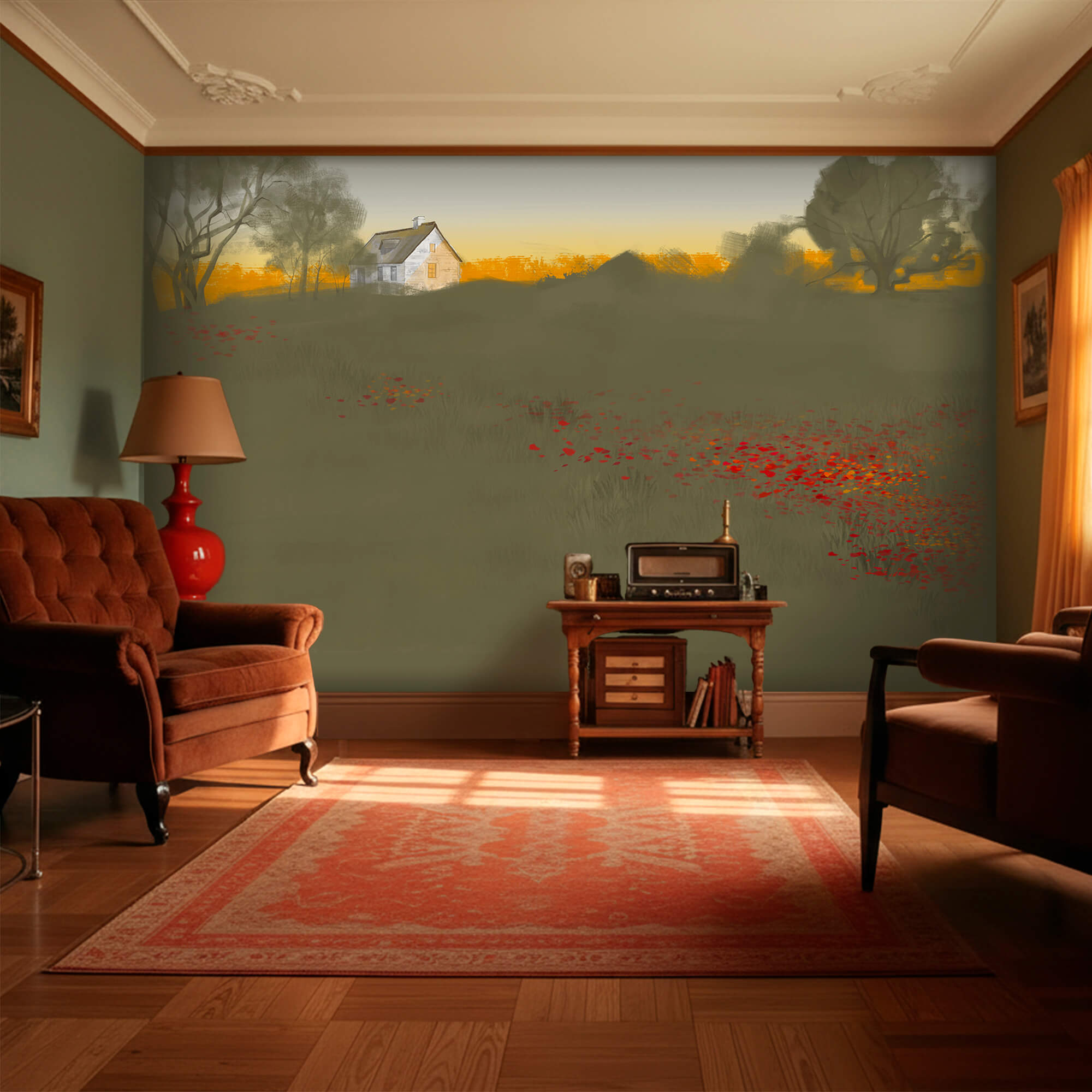 Vörös virágok mezeje háttérben egy házzal