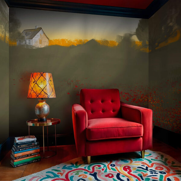 Vörös virágok mezeje háttérben egy házzal