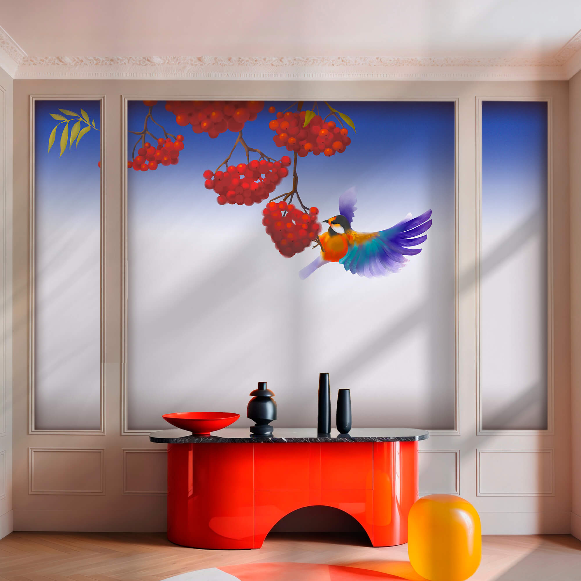 Madár, amelyik egy csomó piros bogyót eszik