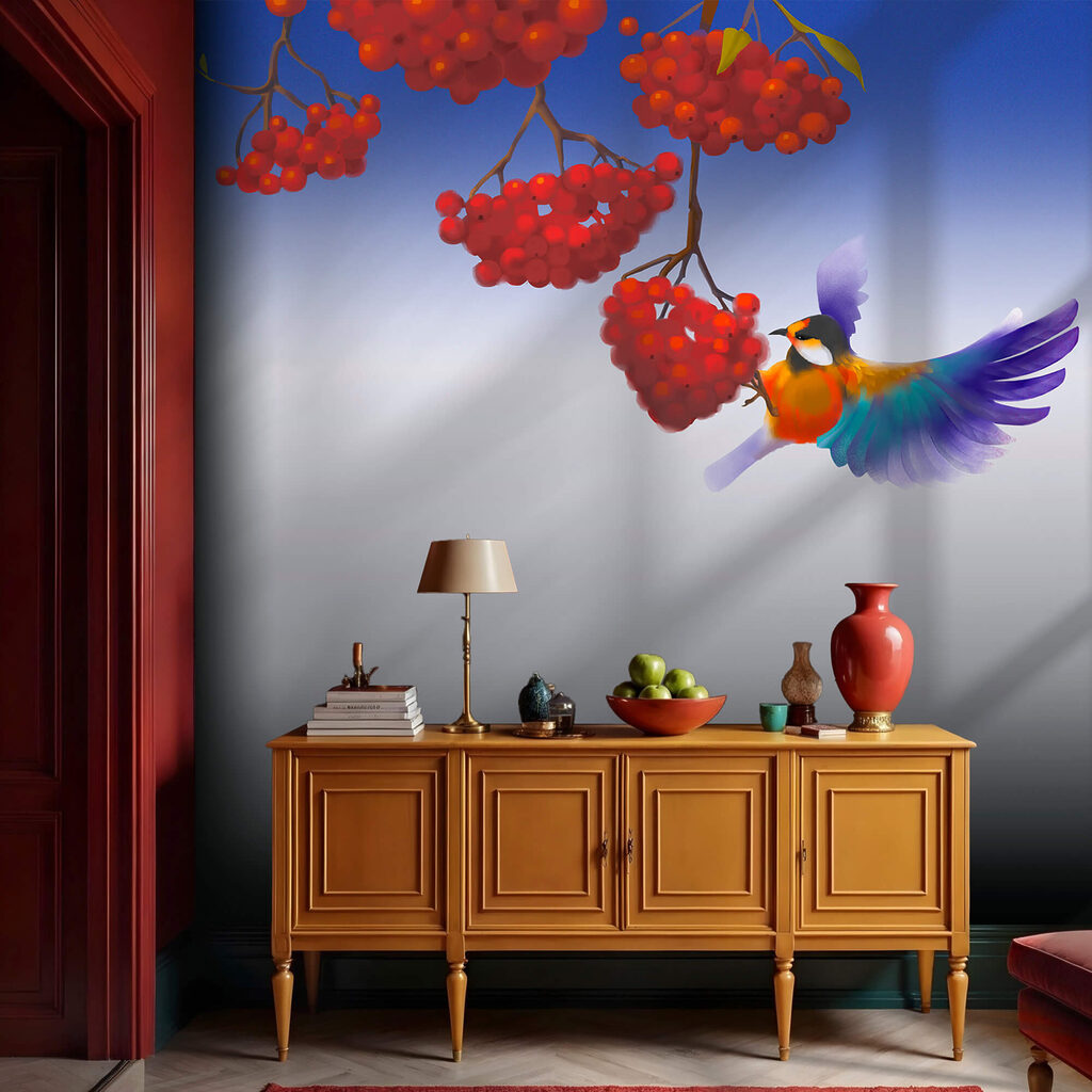 Madár, amelyik egy csomó piros bogyót eszik