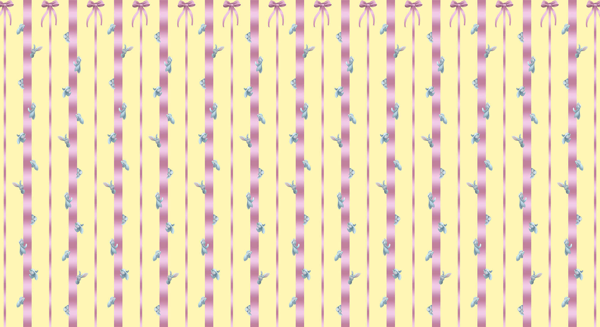 Pink and yellow striped background with birds and bows