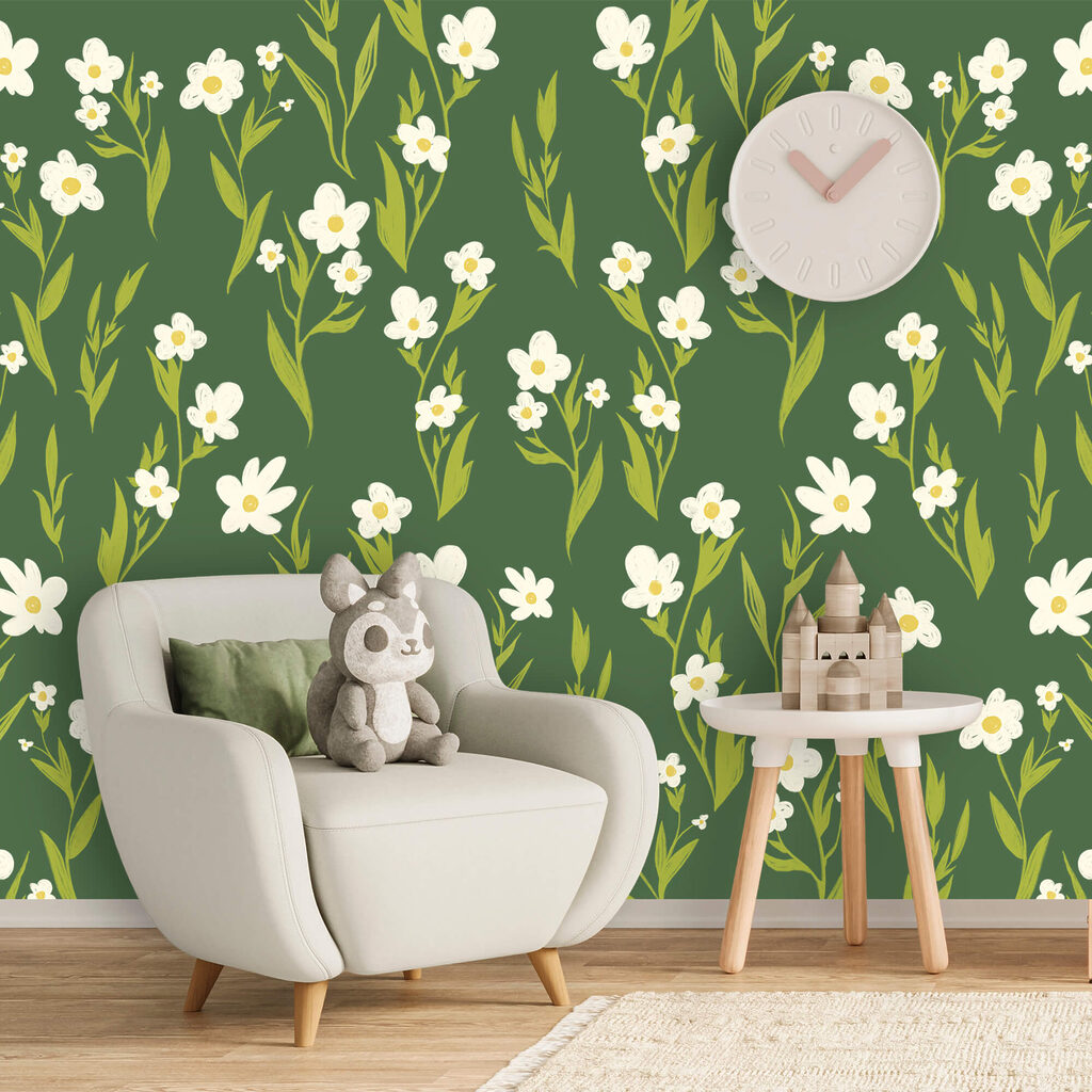 Fehér virágok és zöld levelek mintája