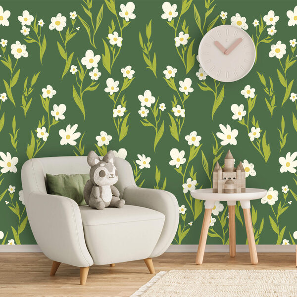 Fehér virágok és zöld levelek mintája