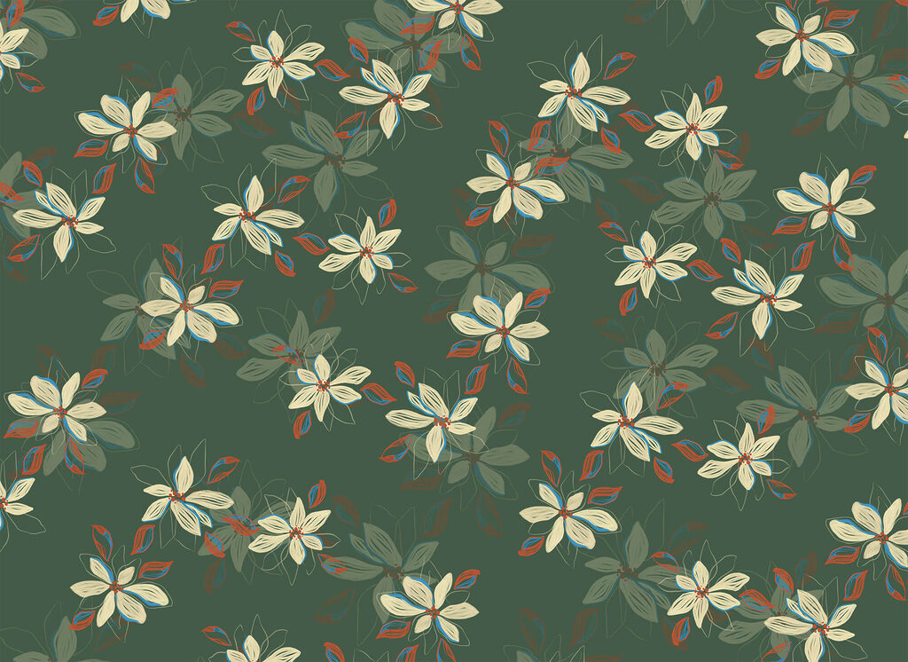 Pattern of white flowers and red leaves on a green background