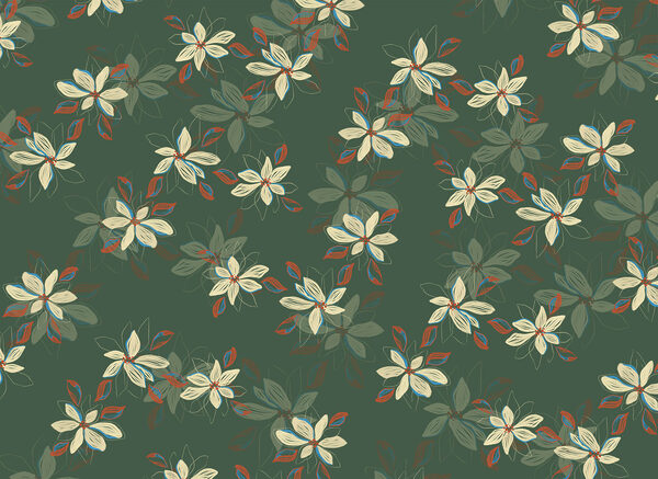 Pattern of white flowers and red leaves on a green background