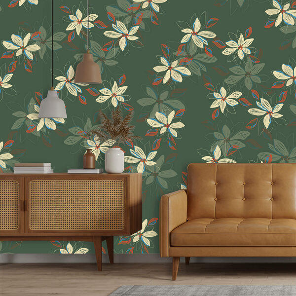 Fehér virágok és vörös levelek mintája zöld háttérrel