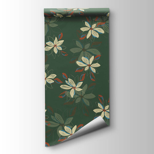 Pattern of white flowers and red leaves on a green background