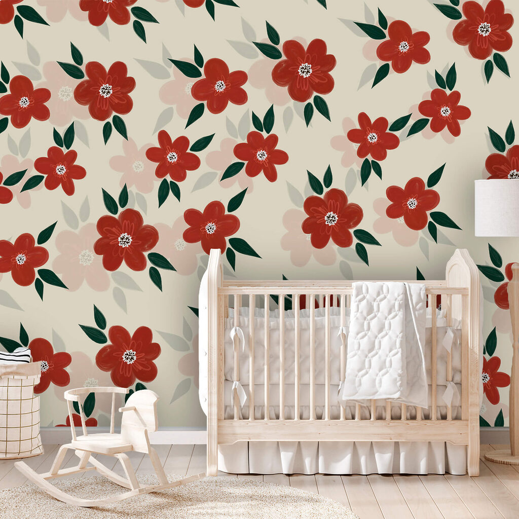 Vörös virágok és zöld levelek mintája