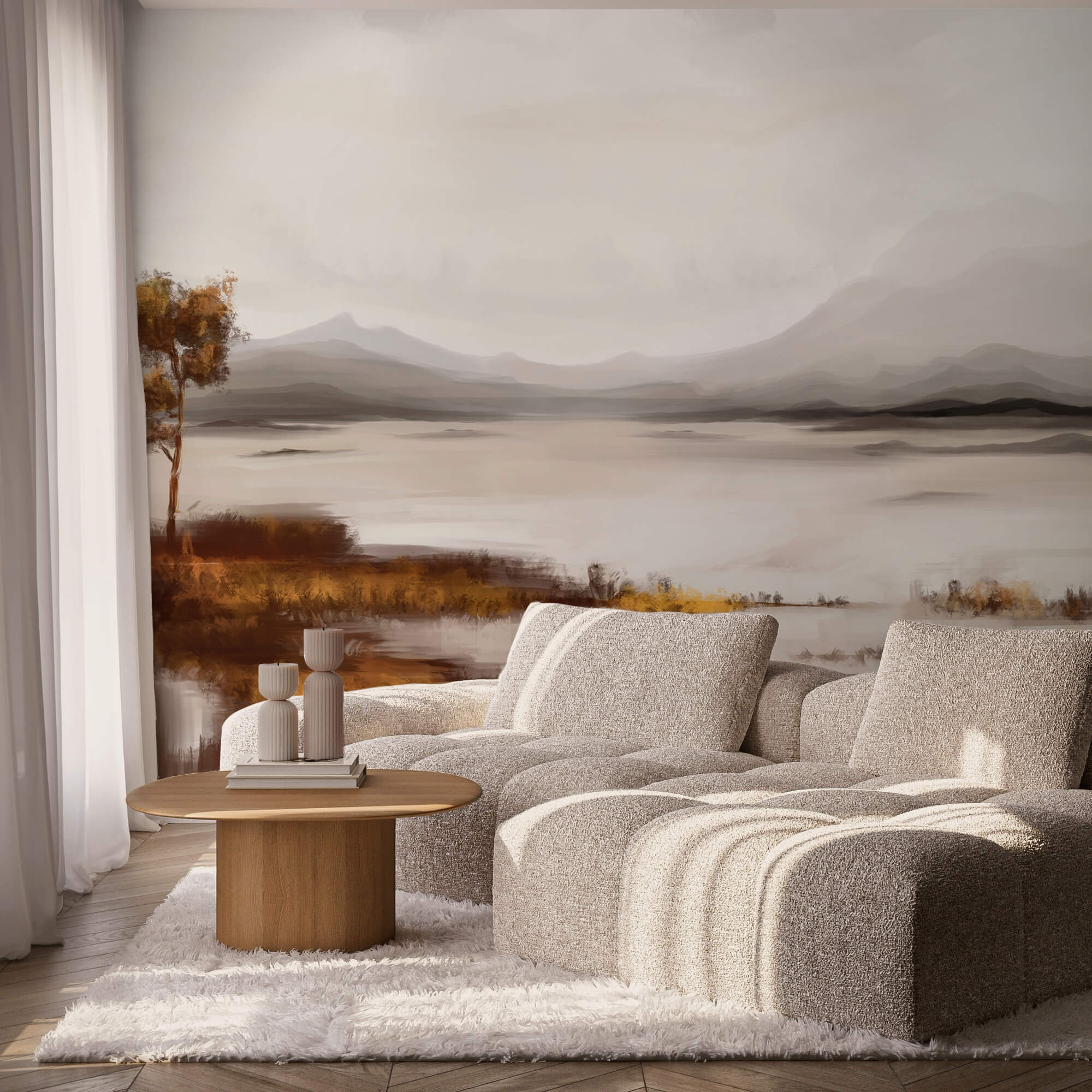 Tó tájképe hegyekkel a háttérben