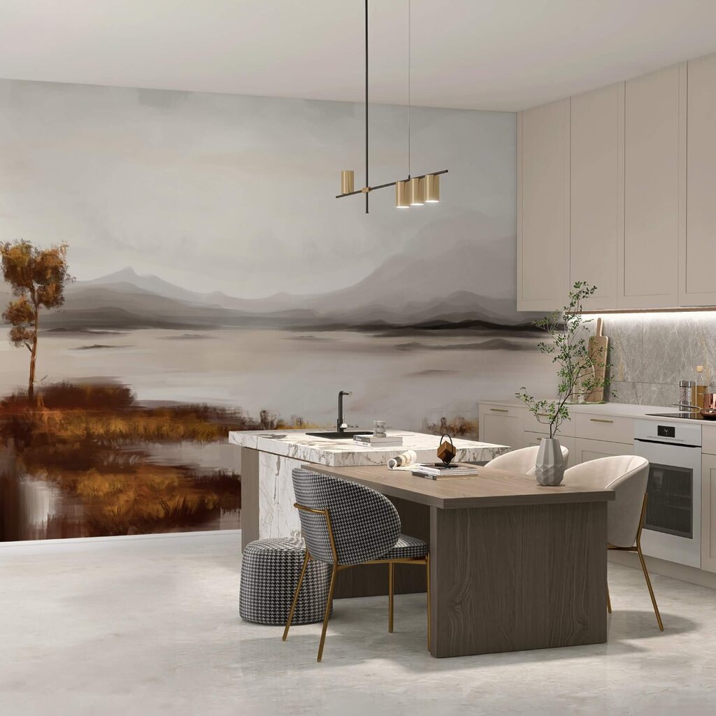 Tó tájképe hegyekkel a háttérben