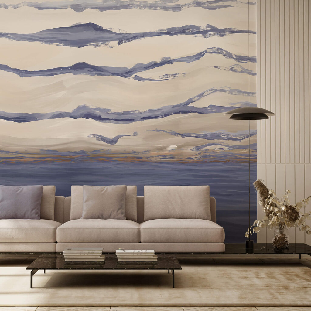 Víz hullámokkal és repülő madarakkal