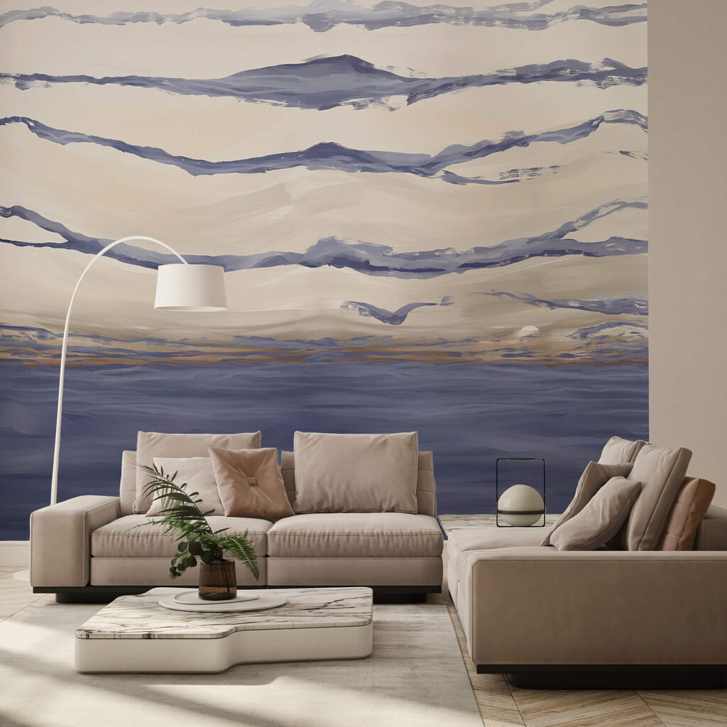 Víz hullámokkal és repülő madarakkal