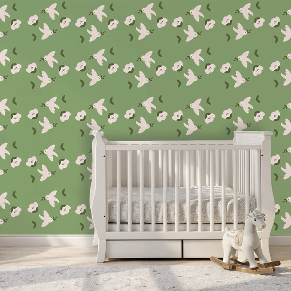 Fehér madarak és zöld levelek mintája Fehér madarak és zöld levelek mintája