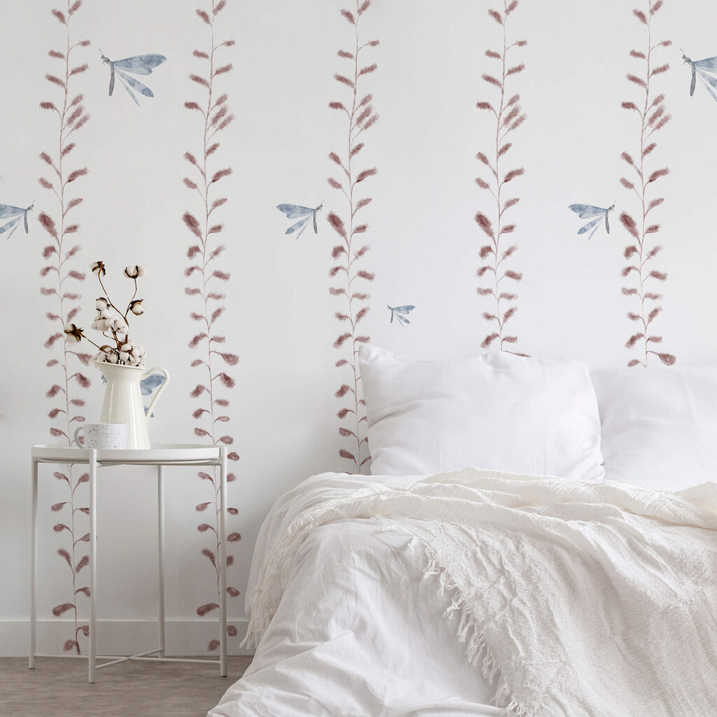 Tapéta szitakötőkkel és levelekkel