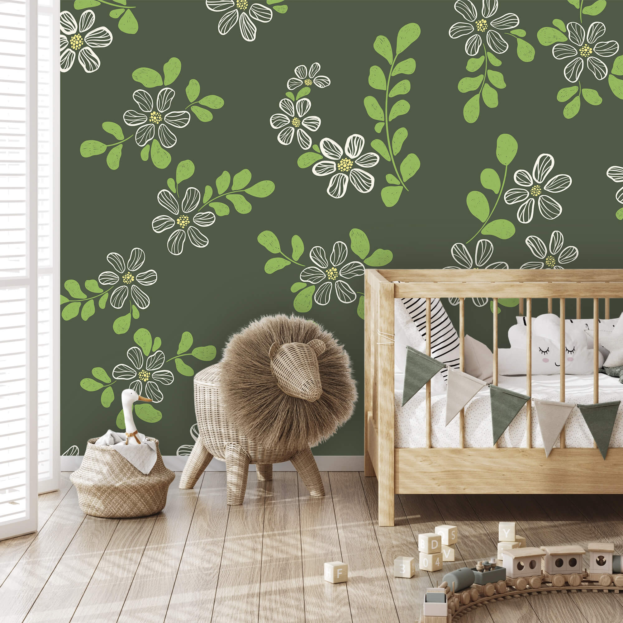 Fehér virágok és zöld levelek mintázata