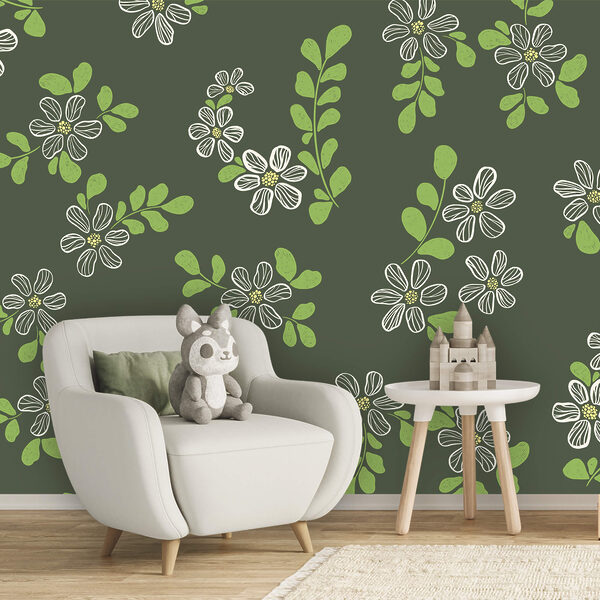 Fehér virágok és zöld levelek mintázata