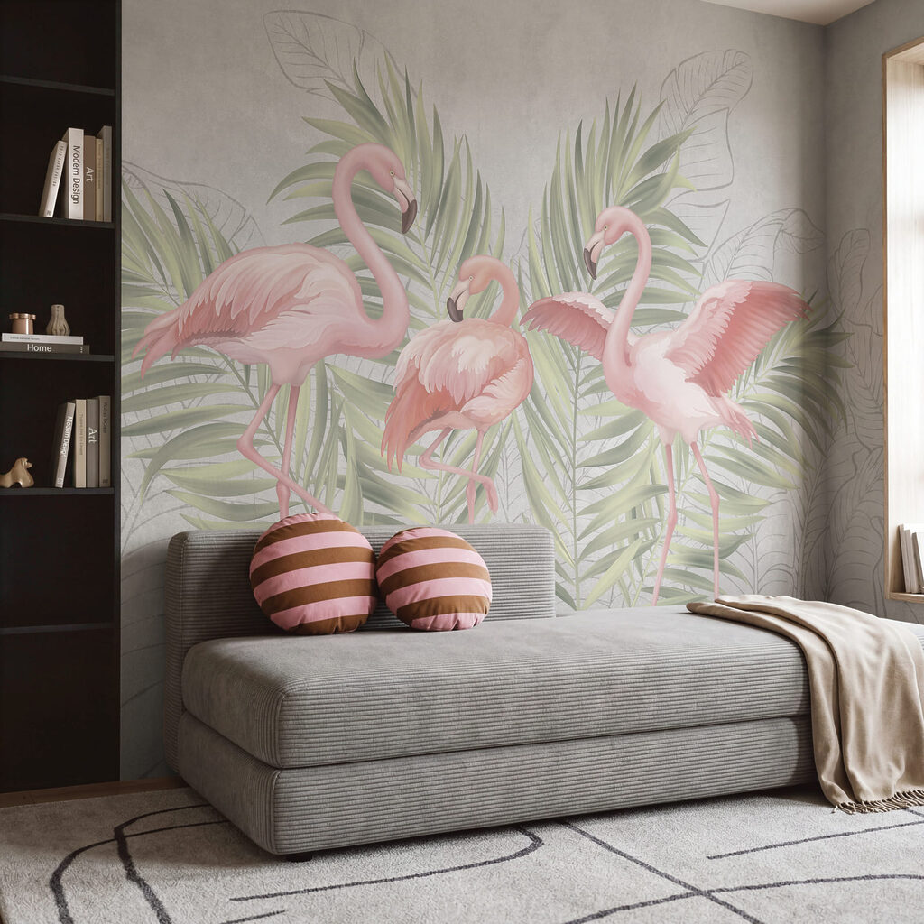 Rózsaszín flamingók csoportja zöld levelekkel Rózsaszín flamingók csoportja zöld levelekkel