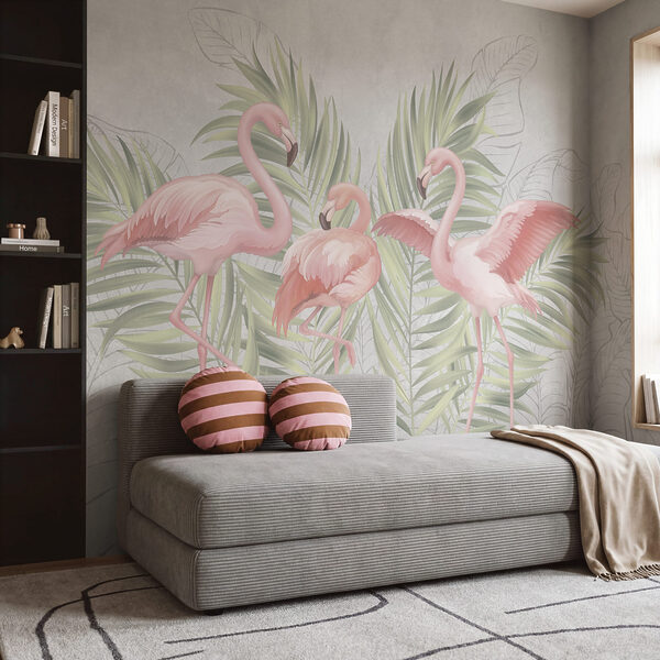 Rózsaszín flamingók csoportja zöld levelekkel Rózsaszín flamingók csoportja zöld levelekkel